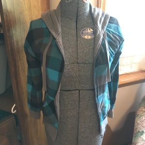 Blue plaid long-sleeve warm zip-up jacket w/hood